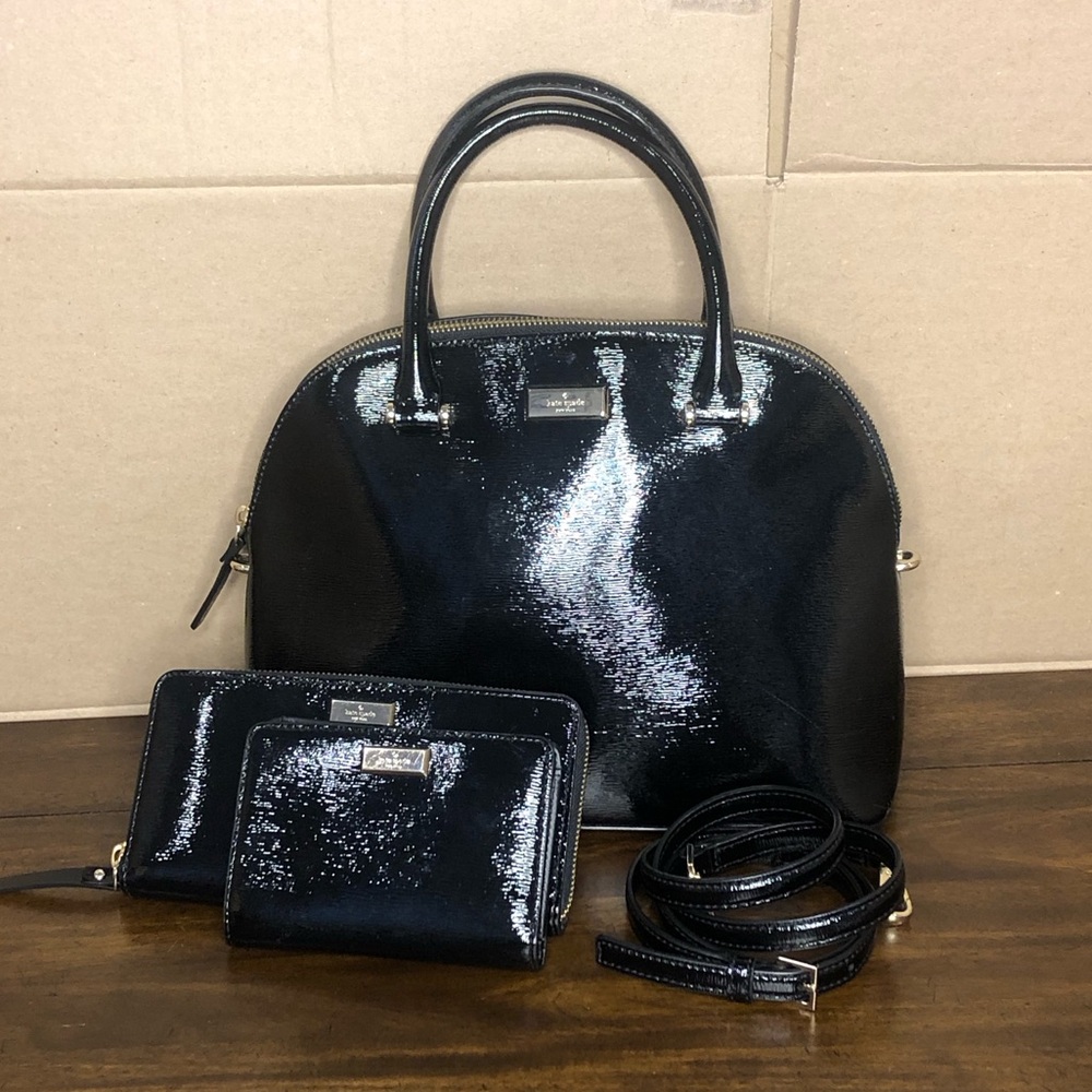 KATE SPADE Electric Black Bixby Place Dome Shaped Satchel and Two Wallets